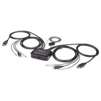 Przełącznik KVM StarTech.com 2-portowy DisplayPort - 4K 60Hz - Kompaktowy dwuportowy przełącznik KVM UHD DP 1.2 USB na pulpit z kablami 1,2 m i audio - zasilany przez magistralę i zdalne przełączanie - MacBook ThinkPad