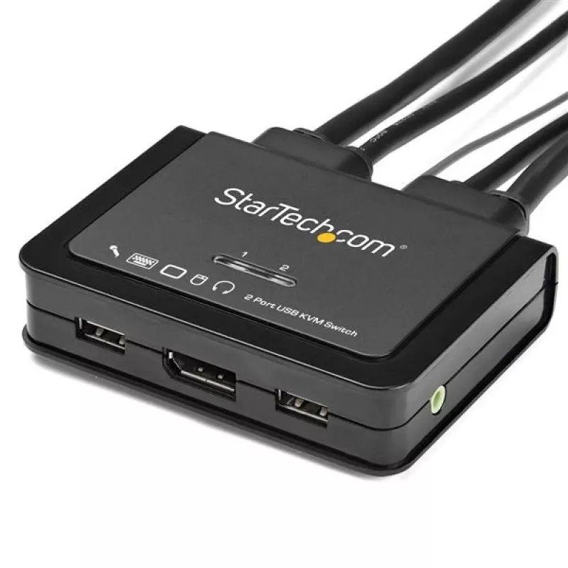 Przełącznik KVM StarTech.com 2-portowy DisplayPort - 4K 60Hz - Kompaktowy dwuportowy przełącznik KVM UHD DP 1.2 USB na pulpit z kablami 1,2 m i audio - zasilany przez magistralę i zdalne przełączanie - MacBook ThinkPad