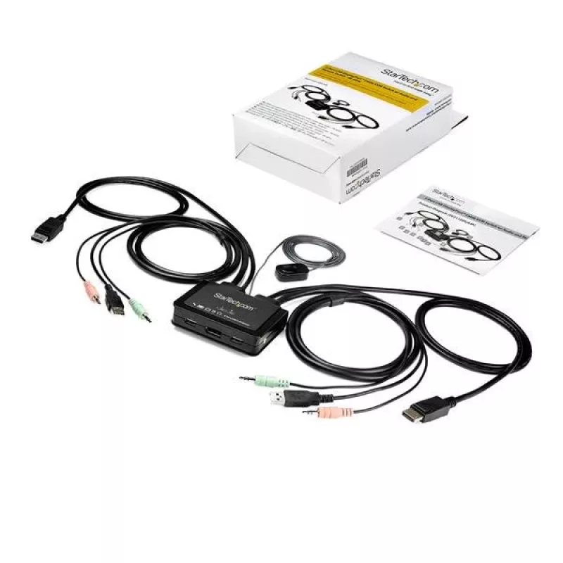 Przełącznik KVM StarTech.com 2-portowy DisplayPort - 4K 60Hz - Kompaktowy dwuportowy przełącznik KVM UHD DP 1.2 USB na pulpit z kablami 1,2 m i audio - zasilany przez magistralę i zdalne przełączanie - MacBook ThinkPad