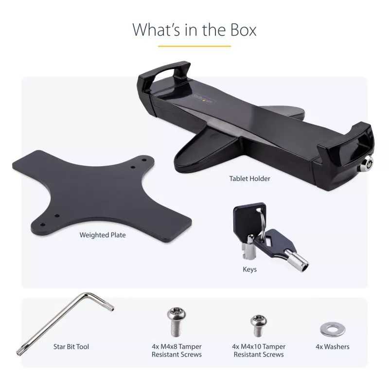 StarTech.com Adapter montażowy VESA do tabletów 7.9 do 12.5 cala - do 2 kg (4.4 funta) - wzory VESA 75x75/100x100 - uniwersalny antykradzieżowy zacisk montażowy VESA do tabletów - bezpieczny uchwyt na tablet - czarny