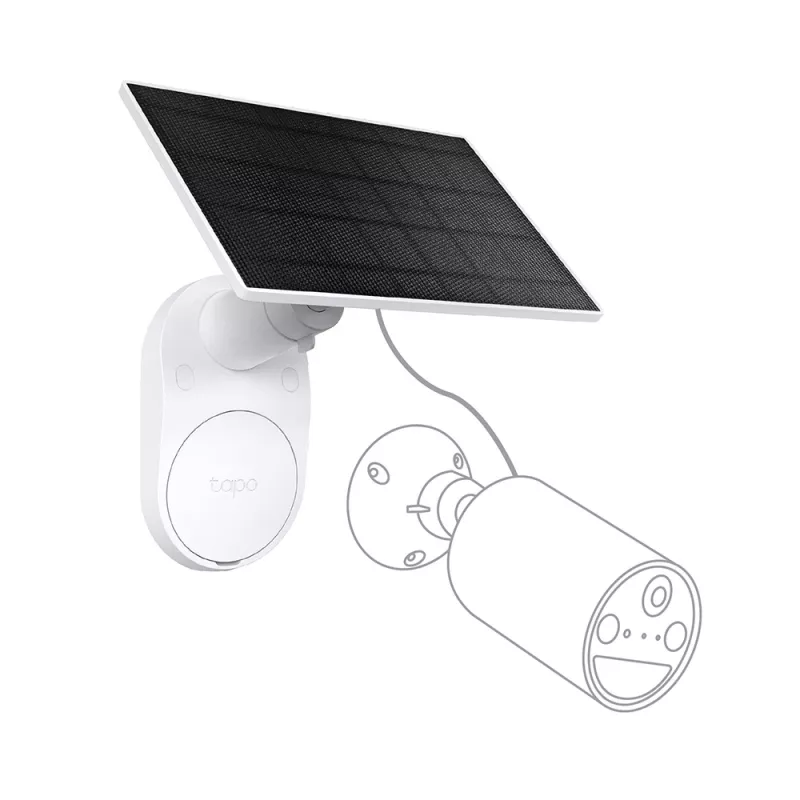 TP-Link Tapo Solar Panel SPEC: 5,2 V 2,5 W FUNKCJA: Port ładowania Type-C, Nieprzerwane zasilanie, Elastyczna instalacja solarna, Współpracuje z kamerą bateryjną, 4 m przewód ładujący (całkowity), Odporny na warunki atmosferyczne (IP65)