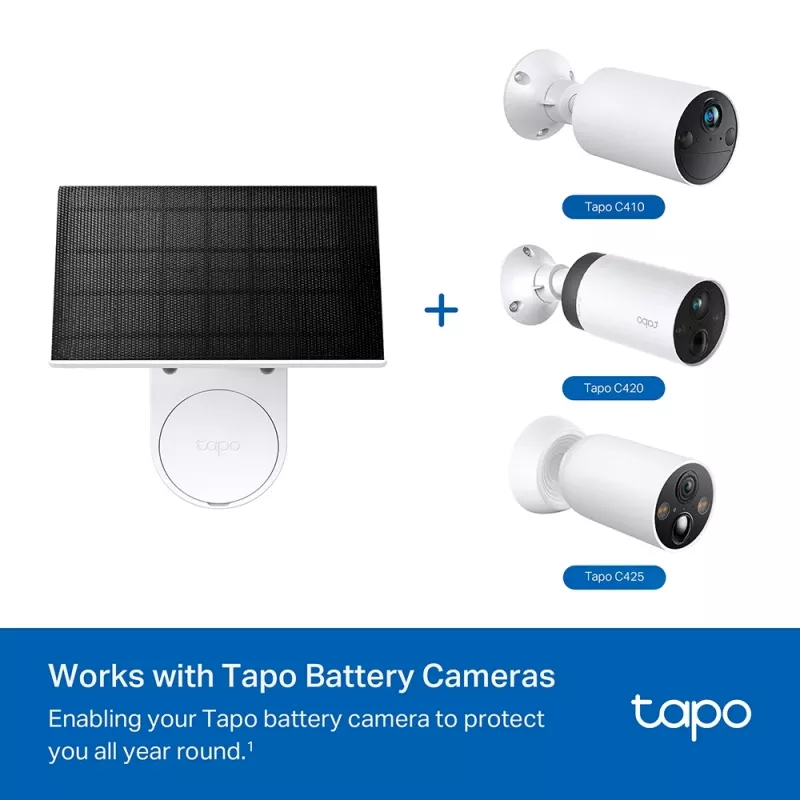 TP-Link Tapo Solar Panel SPEC: 5,2 V 2,5 W FUNKCJA: Port ładowania Type-C, Nieprzerwane zasilanie, Elastyczna instalacja solarna, Współpracuje z kamerą bateryjną, 4 m przewód ładujący (całkowity), Odporny na warunki atmosferyczne (IP65)