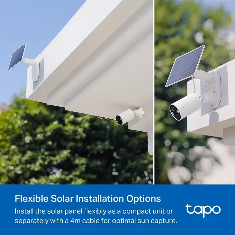 TP-Link Tapo Solar Panel SPEC: 5,2 V 2,5 W FUNKCJA: Port ładowania Type-C, Nieprzerwane zasilanie, Elastyczna instalacja solarna, Współpracuje z kamerą bateryjną, 4 m przewód ładujący (całkowity), Odporny na warunki atmosferyczne (IP65)