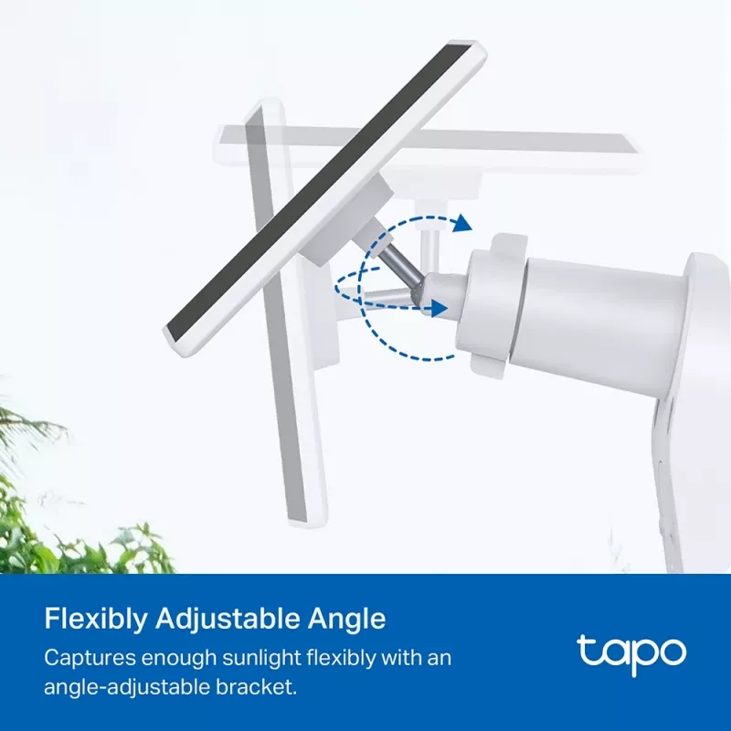 TP-Link Tapo Solar Panel SPEC: 5,2 V 2,5 W FUNKCJA: Port ładowania Type-C, Nieprzerwane zasilanie, Elastyczna instalacja solarna, Współpracuje z kamerą bateryjną, 4 m przewód ładujący (całkowity), Odporny na warunki atmosferyczne (IP65)