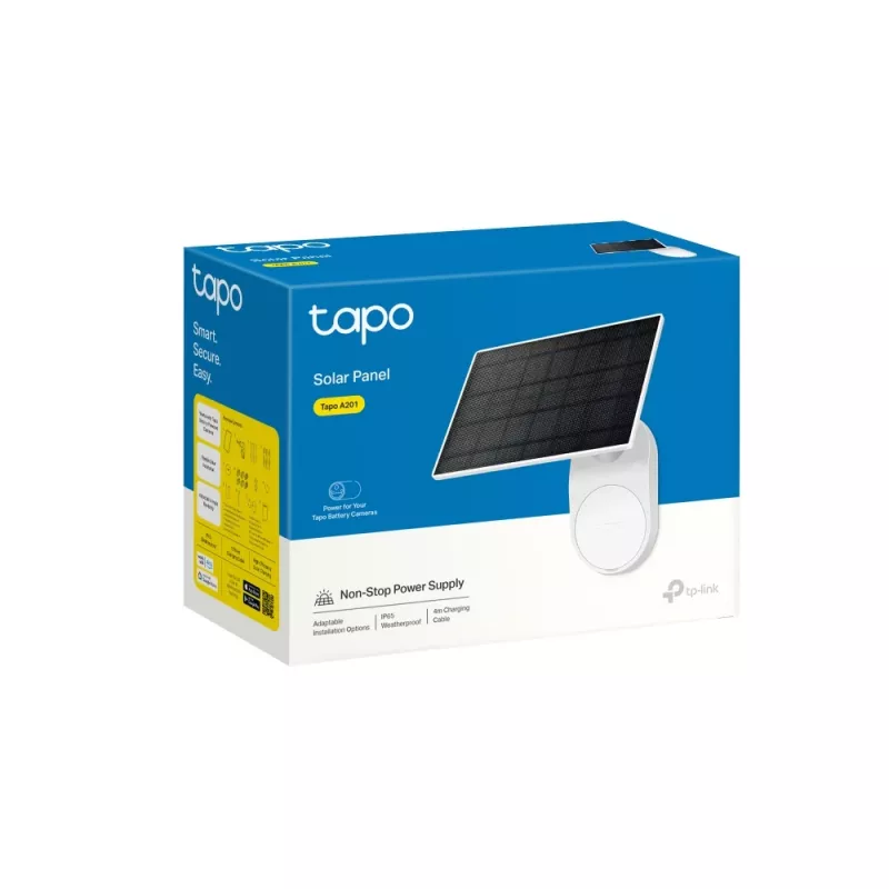 TP-Link Tapo Solar Panel SPEC: 5,2 V 2,5 W FUNKCJA: Port ładowania Type-C, Nieprzerwane zasilanie, Elastyczna instalacja solarna, Współpracuje z kamerą bateryjną, 4 m przewód ładujący (całkowity), Odporny na warunki atmosferyczne (IP65)
