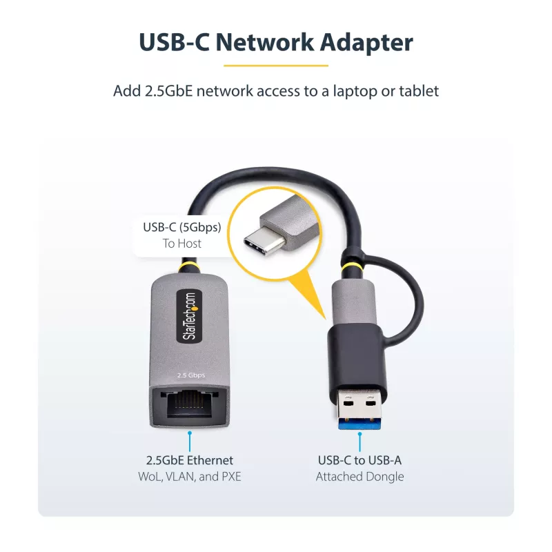 StarTech.com Adapter USB-C na Ethernet 2,5 GbE z konwerterem USB-A, kontroler NBASE-T NIC, sieć USB 3.0 Type-C 2,5/1 G, wiele prędkości, kompatybilny z Thunderbolt, Windows i Mac