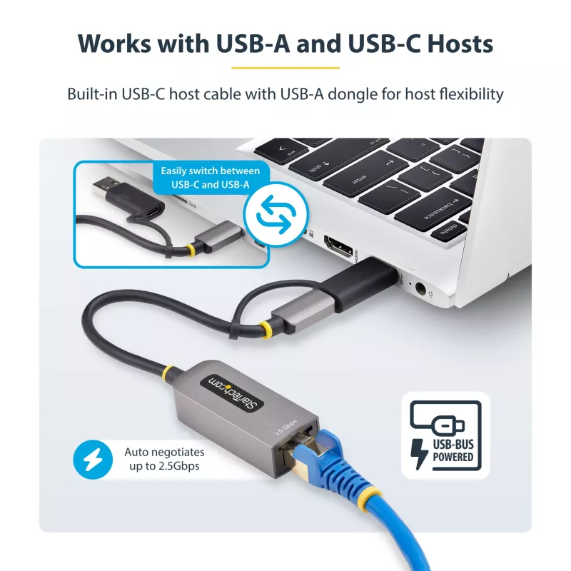 StarTech.com Adapter USB-C na Ethernet 2,5 GbE z konwerterem USB-A, kontroler NBASE-T NIC, sieć USB 3.0 Type-C 2,5/1 G, wiele prędkości, kompatybilny z Thunderbolt, Windows i Mac
