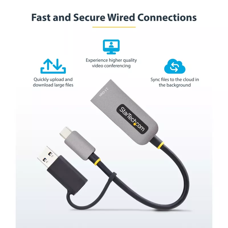StarTech.com Adapter USB-C na Ethernet 2,5 GbE z konwerterem USB-A, kontroler NBASE-T NIC, sieć USB 3.0 Type-C 2,5/1 G, wiele prędkości, kompatybilny z Thunderbolt, Windows i Mac