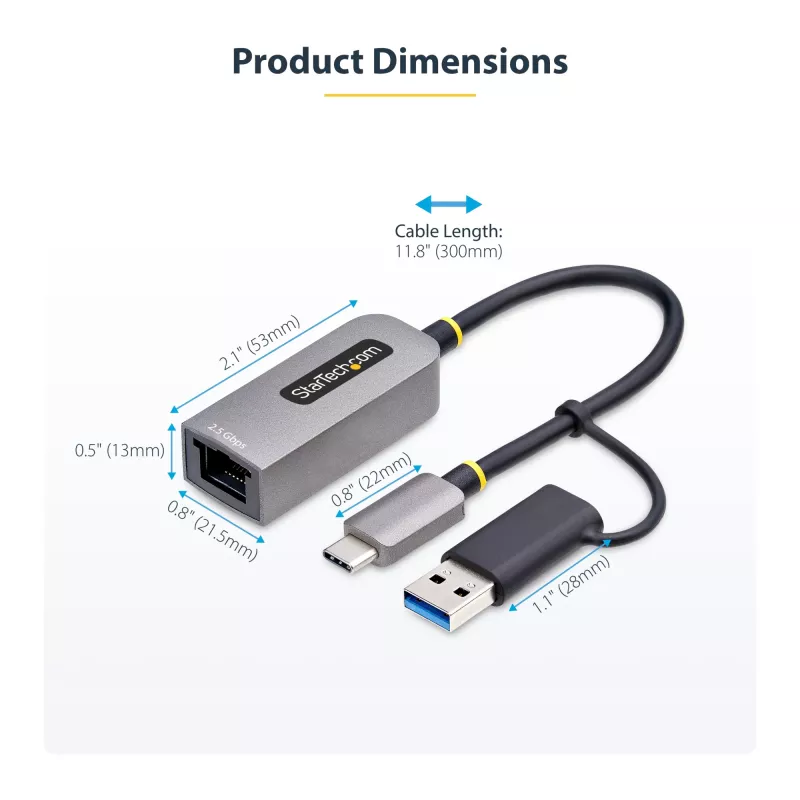 StarTech.com Adapter USB-C na Ethernet 2,5 GbE z konwerterem USB-A, kontroler NBASE-T NIC, sieć USB 3.0 Type-C 2,5/1 G, wiele prędkości, kompatybilny z Thunderbolt, Windows i Mac