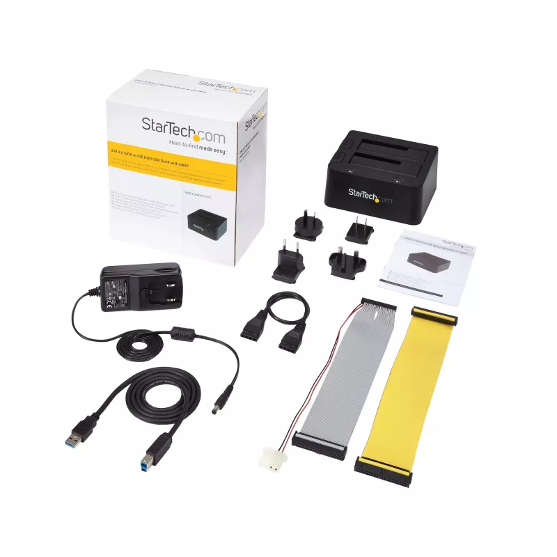 Stacja dokująca StarTech.com Dual-Bay USB 3.0 do SATA i IDE, dok do dysków twardych USB, zewnętrzna stacja dokująca 2,5/3,5 cala SATA I/II/III i IDE (40 pin) SSD/HDD, zatoki na dyski z możliwością hot-swap, ładowanie od góry