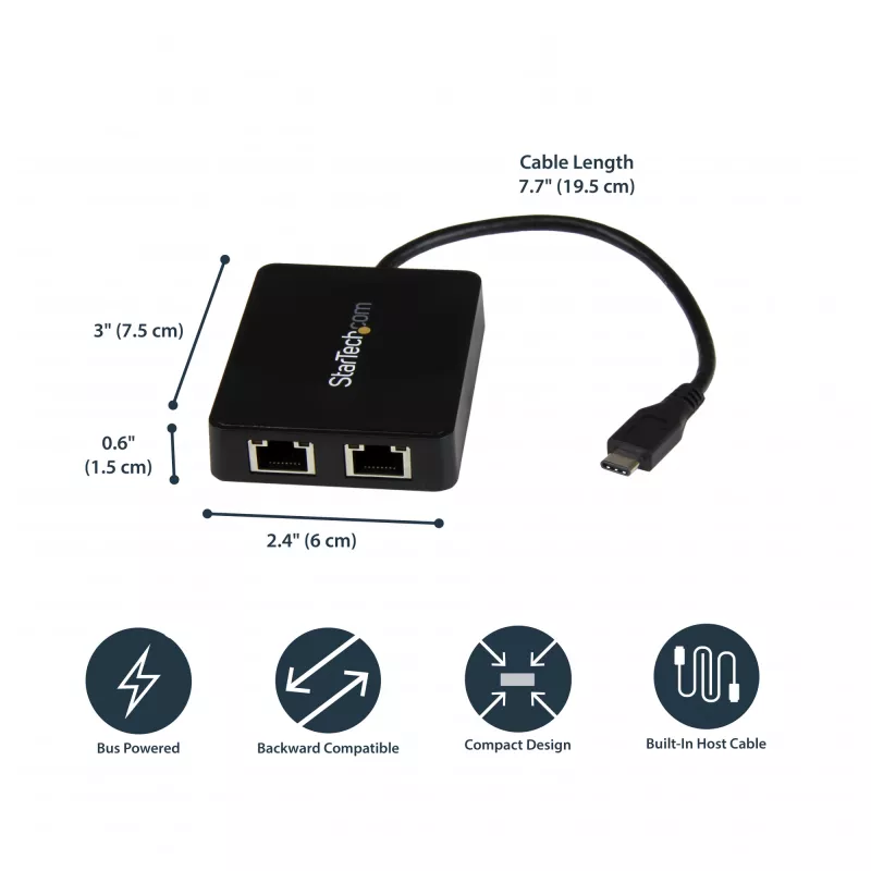 StarTech.com Adapter USB-C na dwa porty Gigabit Ethernet z portem USB (Type-A)