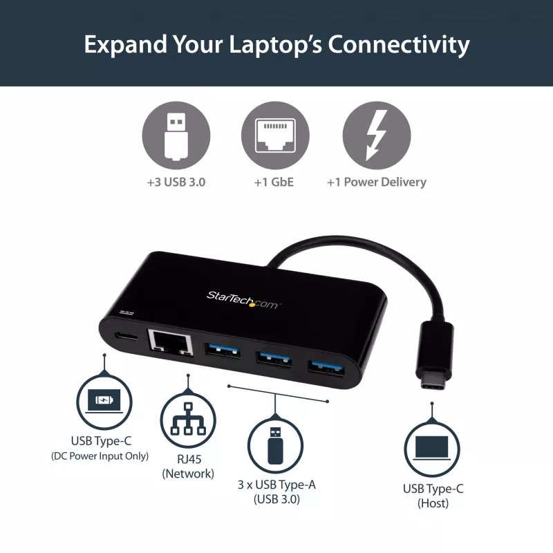 StarTech.com Adapter USB-C na Ethernet z 3-portowym hubem USB 3.0 i Power Delivery