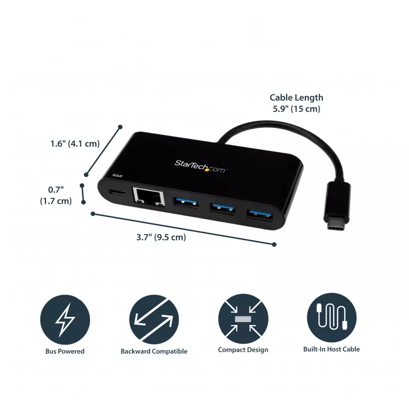 StarTech.com Adapter USB-C na Ethernet z 3-portowym hubem USB 3.0 i Power Delivery