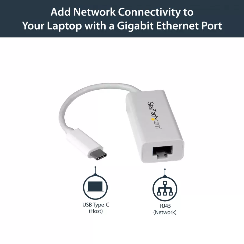 StarTech.com Adapter sieciowy USB-C na Gigabit Ethernet - Biały, przewodowy, USB Type-C, Ethernet, 5000 Mbit/s, Biały