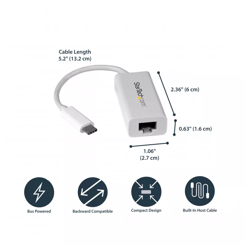 StarTech.com Adapter sieciowy USB-C na Gigabit Ethernet - Biały, przewodowy, USB Type-C, Ethernet, 5000 Mbit/s, Biały