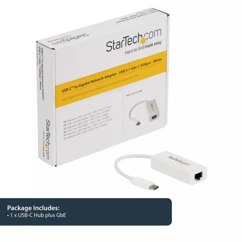 StarTech.com Adapter sieciowy USB-C na Gigabit Ethernet - Biały, przewodowy, USB Type-C, Ethernet, 5000 Mbit/s, Biały
