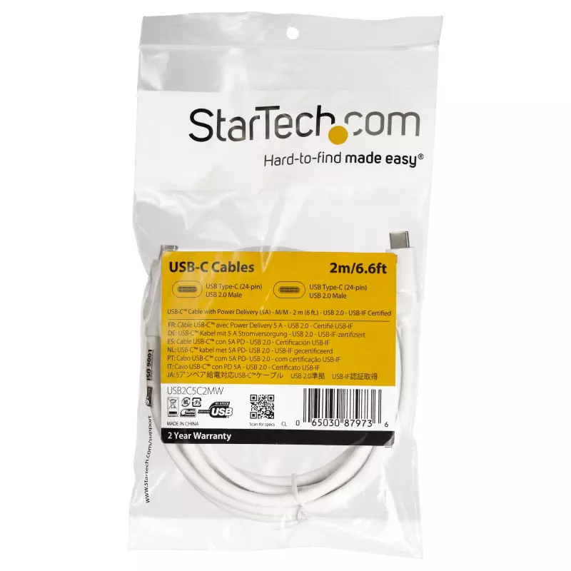 StarTech.com USB-C do USB-C Przewód z 5A PD - M/M - Biały - 2 m (6 stóp) - USB 2.0 - Certyfikowany USB-IF