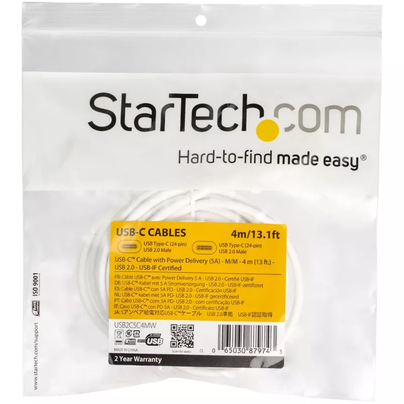 StarTech.com Kabel USB-C na USB-C z 5A PD - M/M - Biały - 4 m (13 stóp) - USB 2.0 - Certyfikat USB-IF