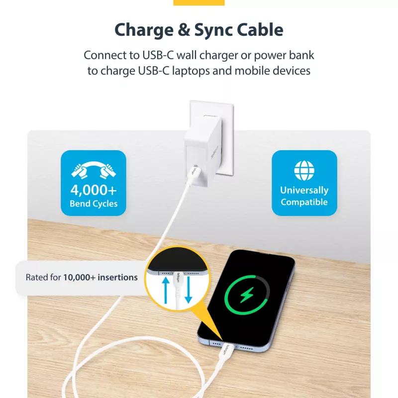 StarTech.com 1m (3.3ft) Biały Kabel Ładujący USB-C, Kabel USB C, Przewód Ładowarki USB 2.0 Type-C do Laptopa, 60W 3A Power Delivery, Płaszcz TPE, Kabel do Transferu Danych USB-C, M/M
