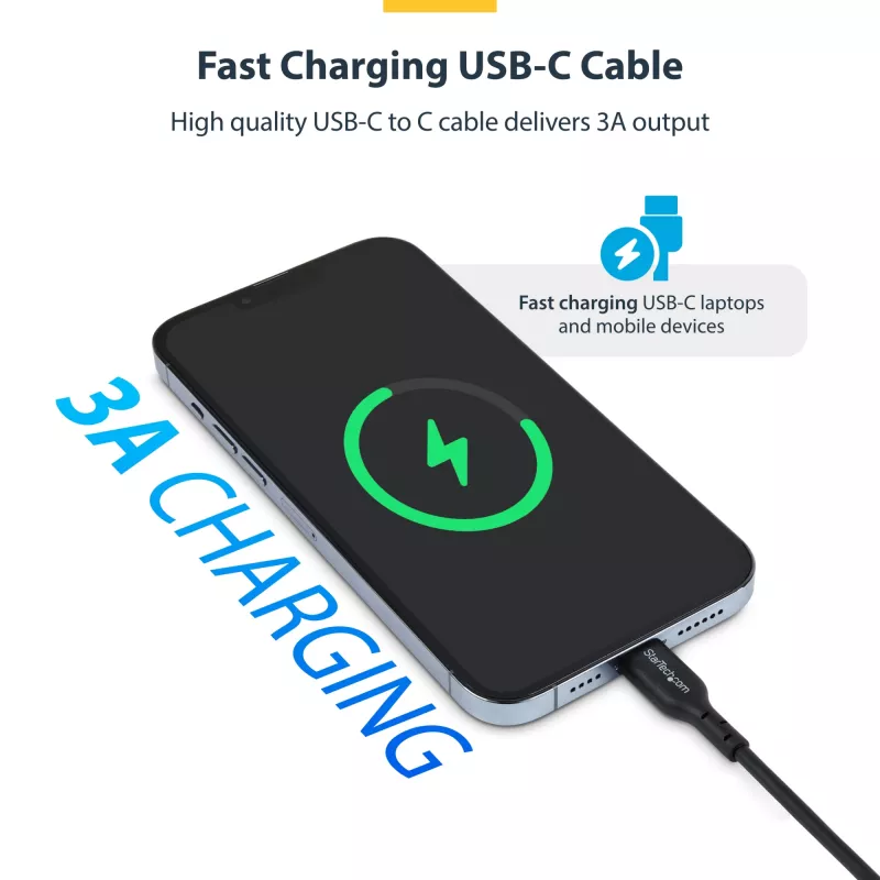 StarTech.com 3m (9.8ft) Kabel do ładowania USB-C, kabel USB C, przewód do ładowania laptopa USB 2.0 Type-C, 60W 3A Power Delivery, płaszcz TPE, kabel do przesyłania danych USB-C, M/M