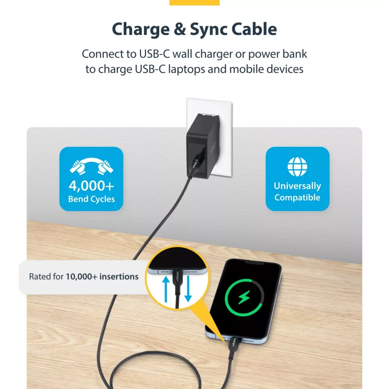 StarTech.com 3m (9.8ft) Kabel do ładowania USB-C, kabel USB C, przewód do ładowania laptopa USB 2.0 Type-C, 60W 3A Power Delivery, płaszcz TPE, kabel do przesyłania danych USB-C, M/M