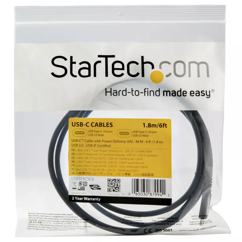 StarTech.com 6 ft (1.8 m) Kabel USB C na USB C - 5A, 100W PD 3.0 - Certyfikowany Works With Chromebook - Certyfikat USB-IF - M/M - USB 3.0 5Gbps - Kabel ładujący USB C - Kabel USB Type C