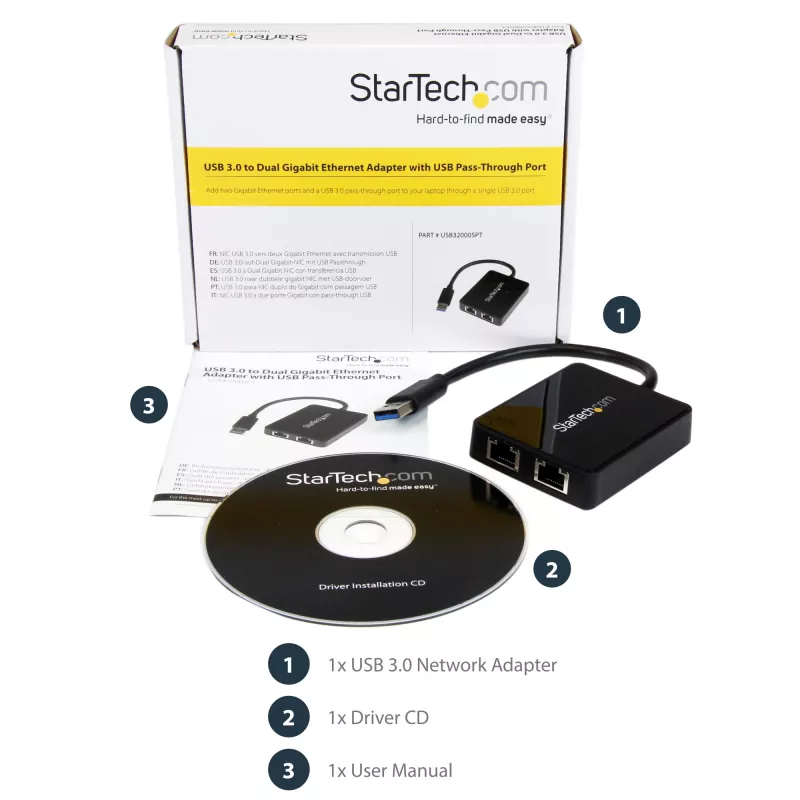 StarTech.com USB 3.0 do adaptera sieciowego Ethernet z dwoma portami gigabitowymi z portem USB