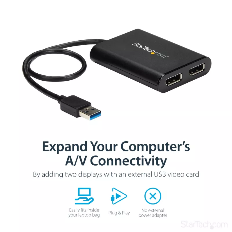 StarTech.com Adapter USB 3.0 na dwa DisplayPort – 4K 60Hz, 3.2 Gen 1 (3.1 Gen 1), USB Type-A, wyjście DisplayPort, 4096 x 2160 pikseli