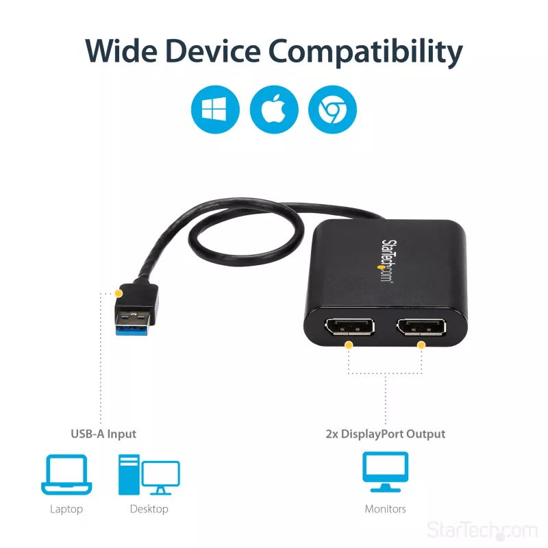 StarTech.com Adapter USB 3.0 na dwa DisplayPort – 4K 60Hz, 3.2 Gen 1 (3.1 Gen 1), USB Type-A, wyjście DisplayPort, 4096 x 2160 pikseli
