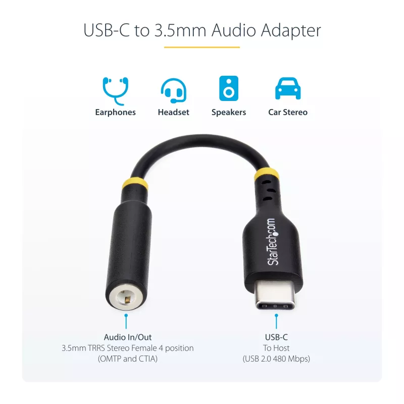 StarTech.com 5in (12,7 cm) Adapter audio USB-C na 3,5 mm TRRS do słuchawek/zestawu słuchawkowego, klucz sprzętowy USB Type-C Aux, 32-bitowy DAC, obsługa USB-C/Thunderbolt, laptop/telefon/tablet