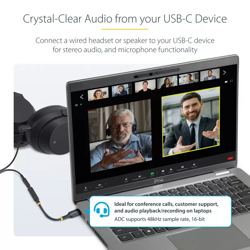 StarTech.com 5in (12,7 cm) Adapter audio USB-C na 3,5 mm TRRS do słuchawek/zestawu słuchawkowego, klucz sprzętowy USB Type-C Aux, 32-bitowy DAC, obsługa USB-C/Thunderbolt, laptop/telefon/tablet