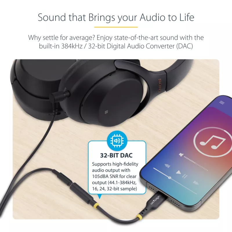StarTech.com 5in (12,7 cm) Adapter audio USB-C na 3,5 mm TRRS do słuchawek/zestawu słuchawkowego, klucz sprzętowy USB Type-C Aux, 32-bitowy DAC, obsługa USB-C/Thunderbolt, laptop/telefon/tablet