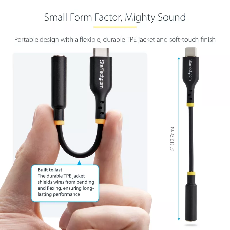 StarTech.com 5in (12,7 cm) Adapter audio USB-C na 3,5 mm TRRS do słuchawek/zestawu słuchawkowego, klucz sprzętowy USB Type-C Aux, 32-bitowy DAC, obsługa USB-C/Thunderbolt, laptop/telefon/tablet
