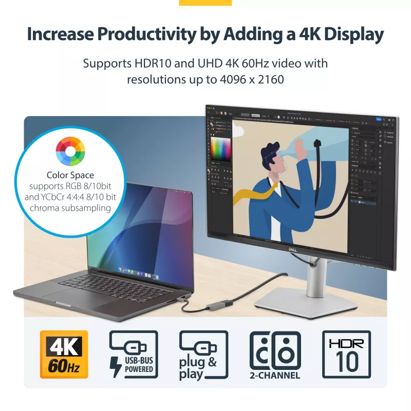 StarTech.com Adapter USB-C do HDMI, wideo 4K 60Hz, HDR10, klucz sprzętowy USB-C do HDMI, kompatybilny z USB4/Thunderbolt