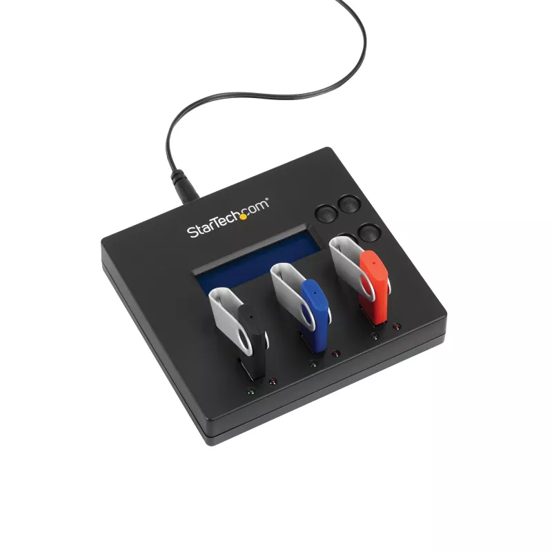 StarTech.com Samodzielny duplikator i kasownik 1 na 2 USB Thumb Drive, kopiarka wielu dysków flash USB, kopiowanie systemu i plików oraz całego dysku z prędkością 1,5 GB/min, pojedyncze i 3-przebiegowe kasowanie, wyświetlacz LCD - TAA