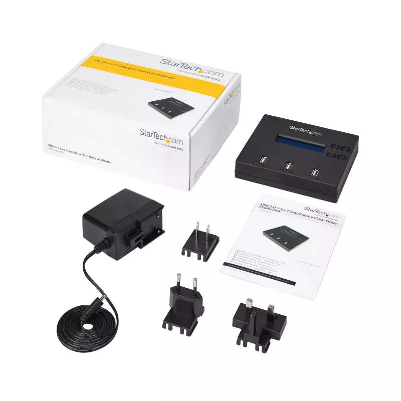 StarTech.com Samodzielny duplikator i kasownik 1 na 2 USB Thumb Drive, kopiarka wielu dysków flash USB, kopiowanie systemu i plików oraz całego dysku z prędkością 1,5 GB/min, pojedyncze i 3-przebiegowe kasowanie, wyświetlacz LCD - TAA