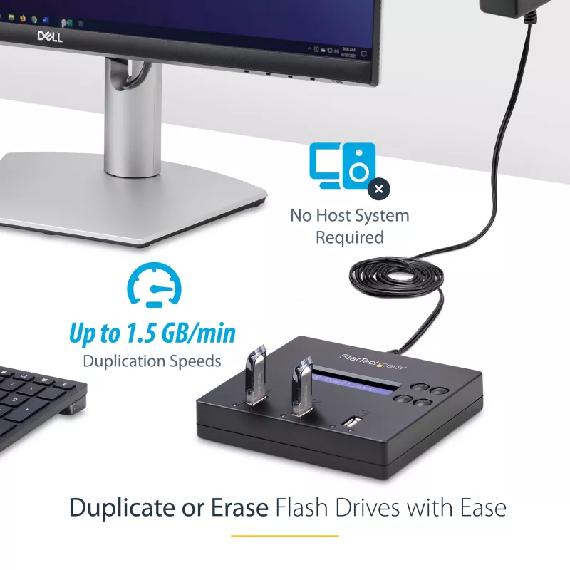 StarTech.com Samodzielny duplikator i kasownik 1 na 2 USB Thumb Drive, kopiarka wielu dysków flash USB, kopiowanie systemu i plików oraz całego dysku z prędkością 1,5 GB/min, pojedyncze i 3-przebiegowe kasowanie, wyświetlacz LCD - TAA