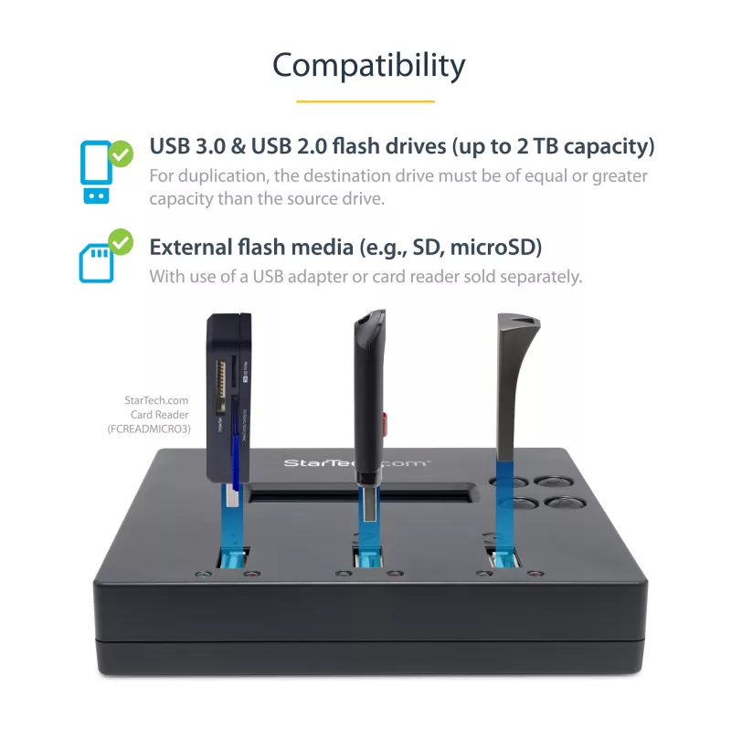 StarTech.com Samodzielny duplikator i kasownik 1 na 2 USB Thumb Drive, kopiarka wielu dysków flash USB, kopiowanie systemu i plików oraz całego dysku z prędkością 1,5 GB/min, pojedyncze i 3-przebiegowe kasowanie, wyświetlacz LCD - TAA