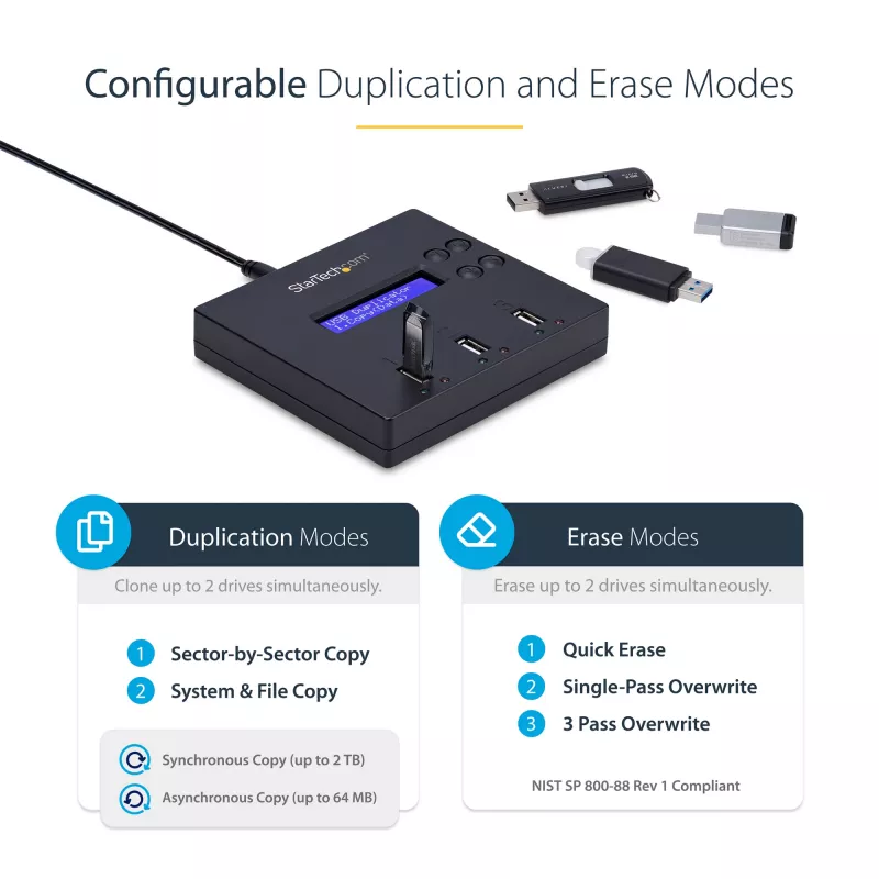 StarTech.com Samodzielny duplikator i kasownik 1 na 2 USB Thumb Drive, kopiarka wielu dysków flash USB, kopiowanie systemu i plików oraz całego dysku z prędkością 1,5 GB/min, pojedyncze i 3-przebiegowe kasowanie, wyświetlacz LCD - TAA