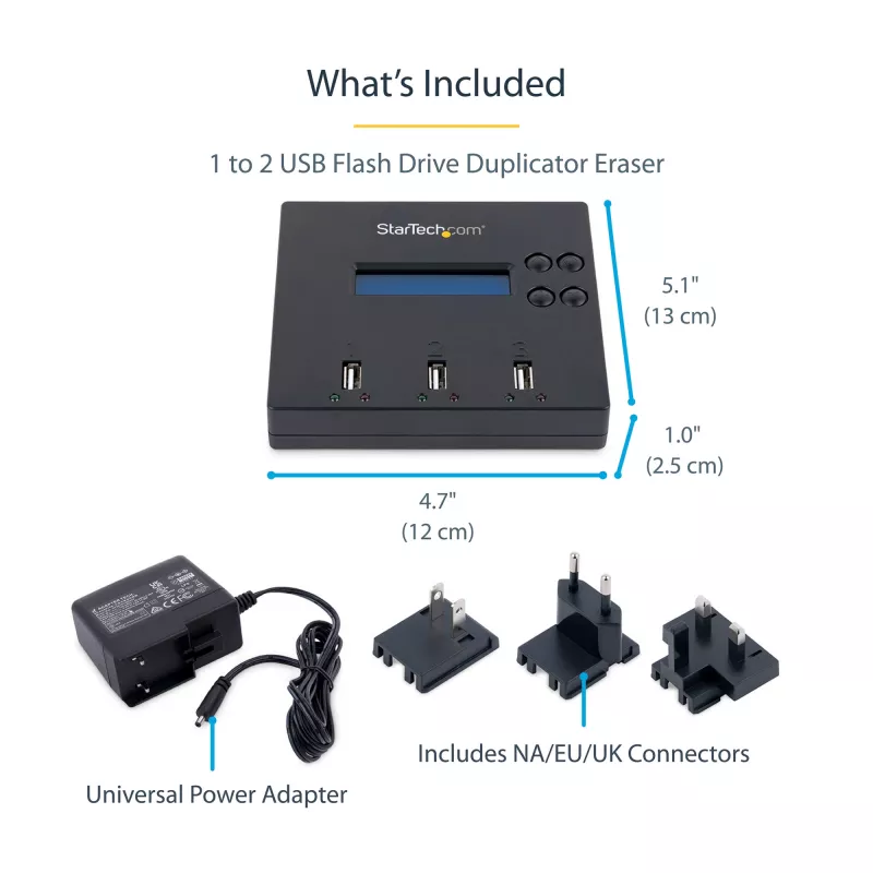 StarTech.com Samodzielny duplikator i kasownik 1 na 2 USB Thumb Drive, kopiarka wielu dysków flash USB, kopiowanie systemu i plików oraz całego dysku z prędkością 1,5 GB/min, pojedyncze i 3-przebiegowe kasowanie, wyświetlacz LCD - TAA