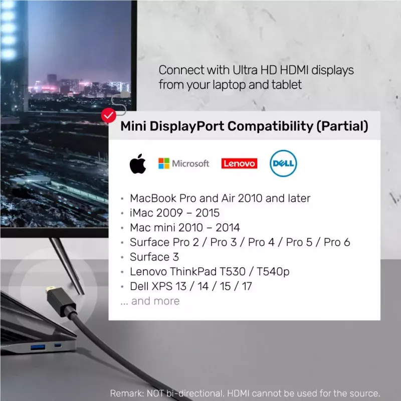 Kabel wideo adaptera Unitek Mini DisplayPort na HDMI 2 m, HDMI 1.4, 4K@30Hz, HDCP 2.0, pozłacane styki, czarny
