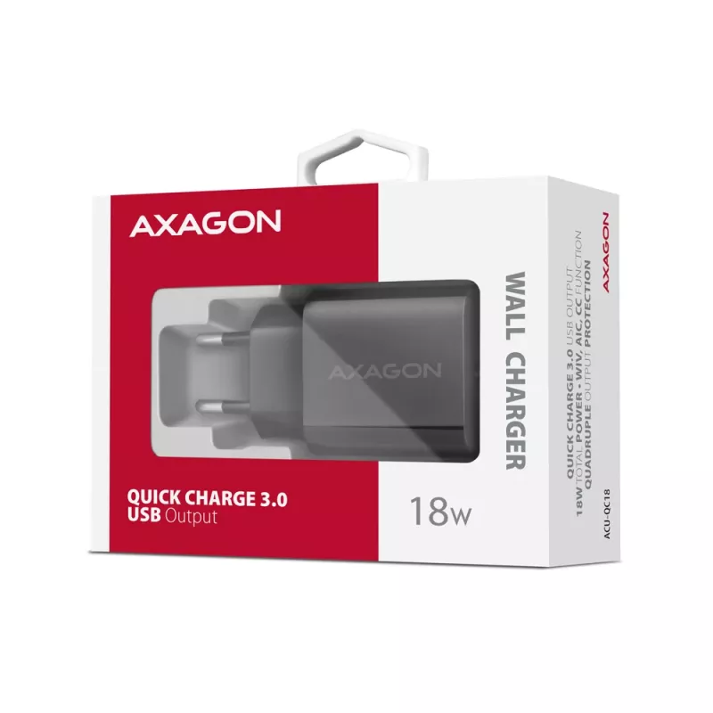 Axagon ACU-QC18 QC 3.0 1× OUTPUT ładowarka ścienna 18W, Indoor, AC, Czarna