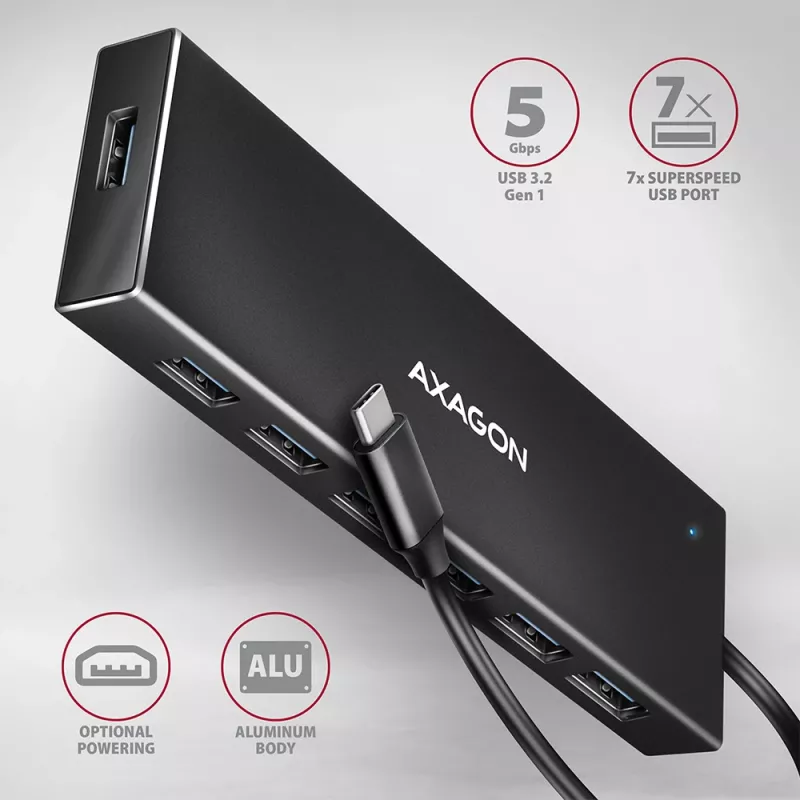 Axagon HUE-F7C 7x USB 3.2 Gen 1 ALU płaski hub micro power IN 30cm USB-C USB 3.2 Gen 1 (3.1 Gen 1) Type-A 5000 Mbit/s Czarny