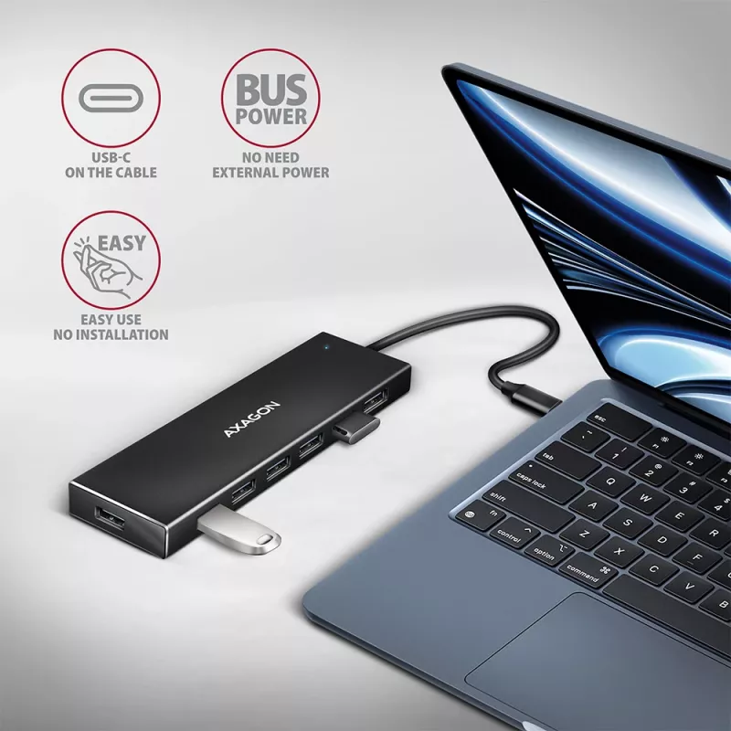 Axagon HUE-F7C 7x USB 3.2 Gen 1 ALU płaski hub micro power IN 30cm USB-C USB 3.2 Gen 1 (3.1 Gen 1) Type-A 5000 Mbit/s Czarny