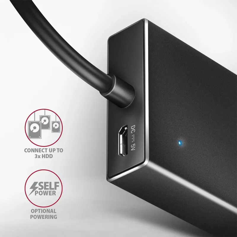 Axagon HUE-F7C 7x USB 3.2 Gen 1 ALU płaski hub micro power IN 30cm USB-C USB 3.2 Gen 1 (3.1 Gen 1) Type-A 5000 Mbit/s Czarny