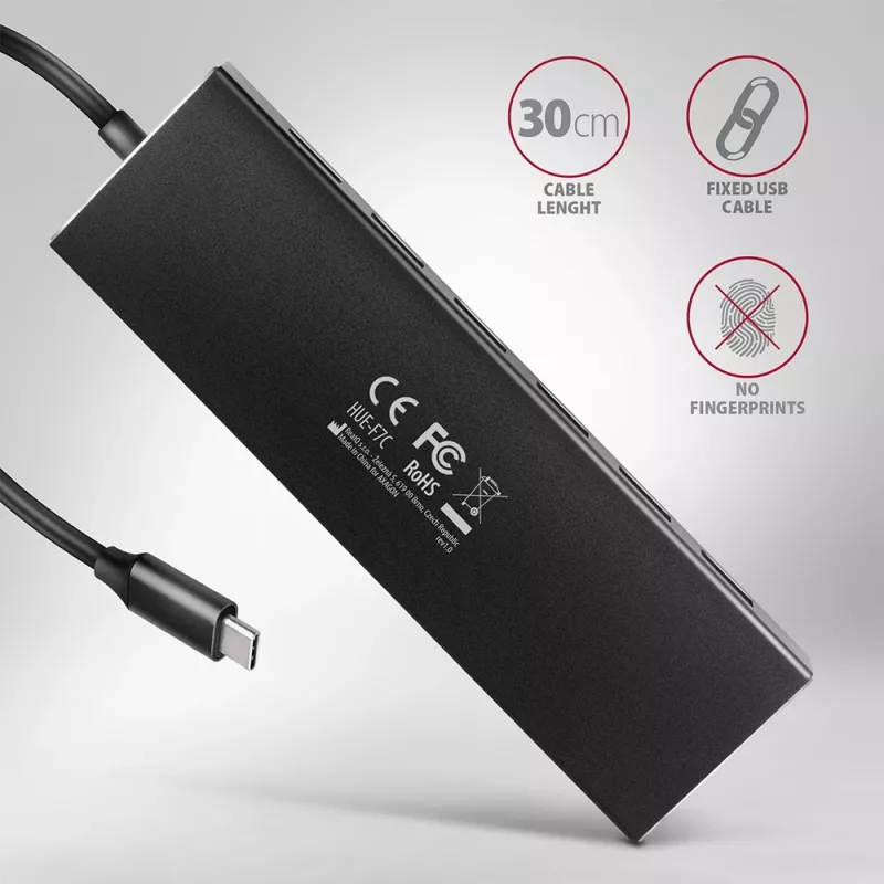Axagon HUE-F7C 7x USB 3.2 Gen 1 ALU płaski hub micro power IN 30cm USB-C USB 3.2 Gen 1 (3.1 Gen 1) Type-A 5000 Mbit/s Czarny