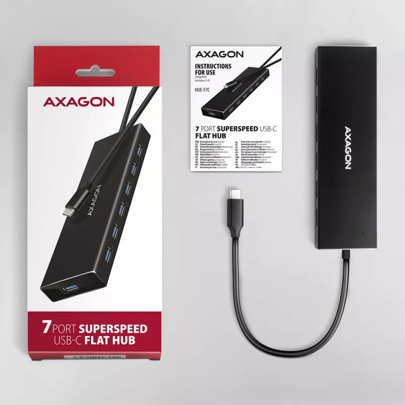 Axagon HUE-F7C 7x USB 3.2 Gen 1 ALU płaski hub micro power IN 30cm USB-C USB 3.2 Gen 1 (3.1 Gen 1) Type-A 5000 Mbit/s Czarny