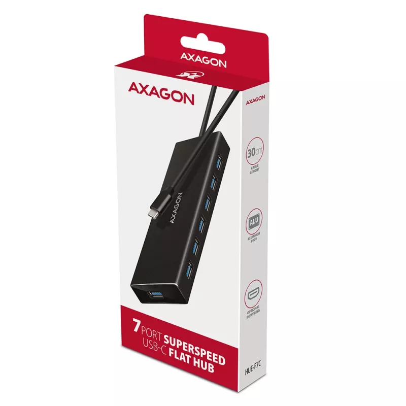 Axagon HUE-F7C 7x USB 3.2 Gen 1 ALU płaski hub micro power IN 30cm USB-C USB 3.2 Gen 1 (3.1 Gen 1) Type-A 5000 Mbit/s Czarny