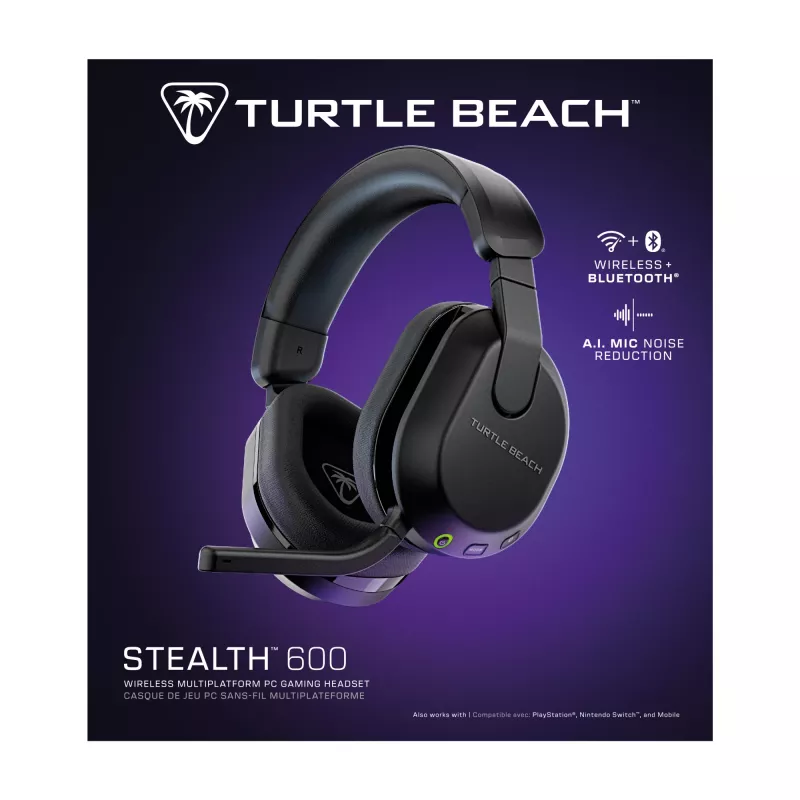 Turtle Beach Stealth 600 Czarny Bezprzewodowy Zestaw słuchawkowy do gier z baterią do 80 godzin, przetwornikami 50 mm i Bluetooth dla PC, PS5, PS4 i urządzeń mobilnych