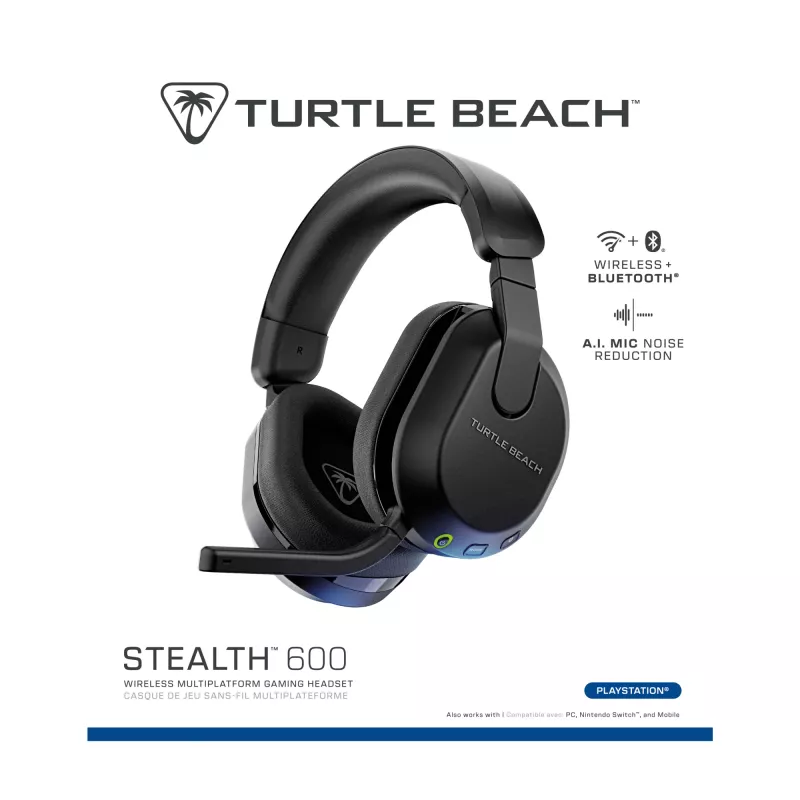 Turtle Beach Stealth 600 Czarny Bezprzewodowy Zestaw słuchawkowy do gier PlayStation z baterią do 80 godz., głośnikami 50 mm i Bluetooth do PS5, PS4, PC i urządzeń mobilnych